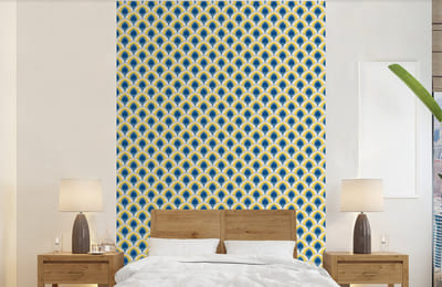 Behang - Fotobehang Design - Patroon - Retro - Geel - Blauw - Breedte 140 cm x hoogte 220 cm