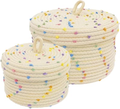Decoratieve Opbergmanden met Deksel, 2 Stuks, Katoenen Rieten Mand voor Kleding, Sieraden en Kantoorbenodigdheden (Multicolor)