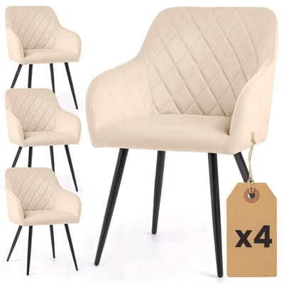 Set van 4 Eetkamerstoelen VELTO met Armleuningen / Gestoffeerde Stoelen / Fluwelen Stoelen en Metalen Poten / Beige met zwarte benen