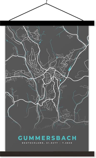 Posterhanger incl. Poster 60x90 cm - Schoolplaat - Gummersbach – Stadskaart – Blauw – Plattegrond – Stadskaart – Kaart - Duitsland - Textielposter - Zwarte latten - Stadskaart