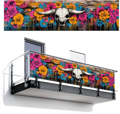 Balkonscherm 300x80 cm - Balkonposter Schedel - Bloemen - Graffiti - Balkon scherm decoratie - Balkonschermen - Balkondoek zonnescherm