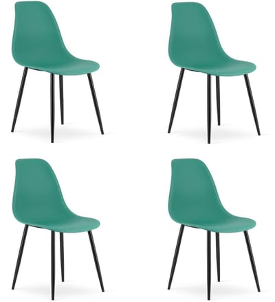 Set van 4 Stoelen WAT – Groen, Zwarte Metalen Poten, Kunststof Zitting – Modern en Ergonomisch – Geschikt voor Eetkamer, Woonkamer, Keuken, Thuiswerkplek, Kantine en Wachtruimte – Eenvoudige Montage