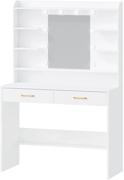 Dressing Table – Voor Slaapkamer en Woonkamer – Kaptafel met Spiegel, Planken en 2 Lades, Verstelbare Verlichting – Wit