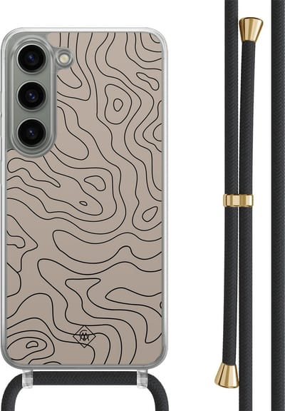 Casimoda® hoesje met zwart koord - Geschikt voor Samsung S23 - Abstract Lines - Afneembaar koord - TPU/polycarbonaat - Bruin/beige