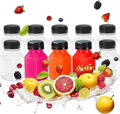 MDUG 10 x 120 ml plastic sapflesjes - transparant - met zwarte dop - kleine sapflesjes - geschikt voor melk, smoothies en andere dranken - lekvrij - vierkante drinkflesjes