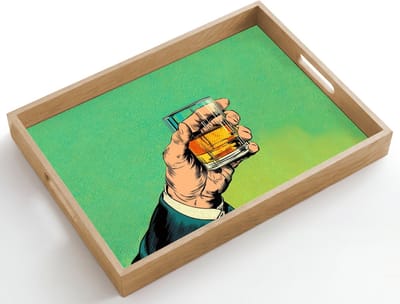 Dienblad hout 50x35 cm - Schootdienblad - Whisky - Glas - Hand - Groen - Borrelplank rechthoek - Plateau dienbladen