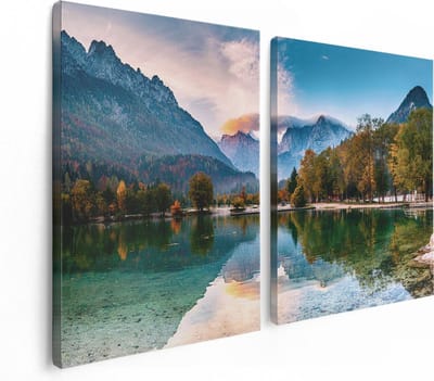 Artaza Canvas Schilderij Tweeluik Meer In De Bergen Met Een Geit Standbeeld - 120x80 - Foto Op Canvas - Canvas Print