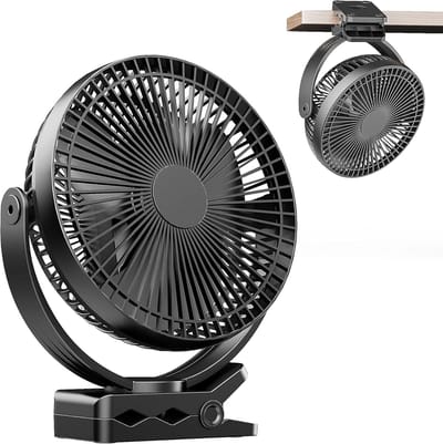 8-inch USB-klemminiventilator met 10000 mAh-batterij, draagbare kleine bureauventilator, 4 snelheden, dubbele 360° rotatie, met USB-kabel – geschikt voor thuis en kantoor.L