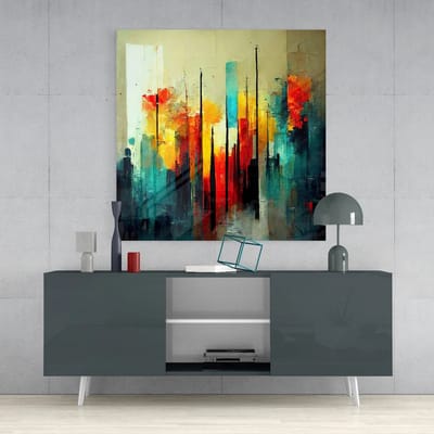 Glasschilderij Abstract - Stad - Silhouet - Kleurrijk - 40x40 cm - 4 mm