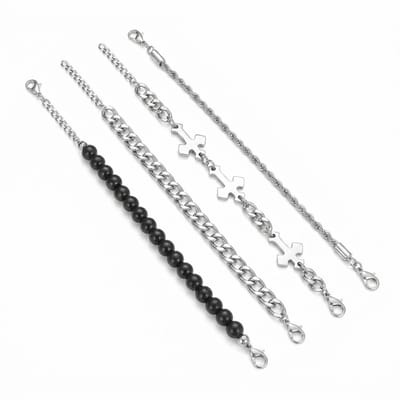 4-delige Armbanden Set voor Heren – Zilver & Zwart met Kruis Hangers
