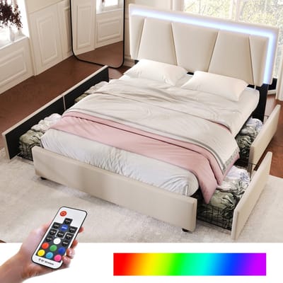 Tweepersoonsbed met opbergruimte 140x200 cm met 4 lades en ledverlichting - Gestoffeerd bed met opbergruimte en in hoogte verstelbaar hoofdeinde - Linnen - Beige