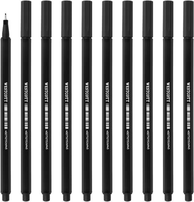 SnelShoppen - Fineliner zwart 10 stuks | Premium fineliners met 0,4mm lijnbreedte, metalen punt, sneldrogende waterbasis inkt voor tekenen, schrijven