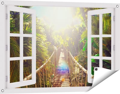 Gards Tuinposter Doorkijk Houten Brug in de Tropische Jungle - 90x60 cm - Tuindoek - Tuindecoratie - Wanddecoratie buiten - Tuinschilderij