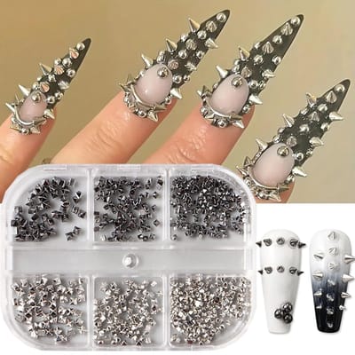 Nagels, mini klinknagels, nagelbedels, zwart en zilver, metalen klinknagels, punk, nail art, strass, nagelbedel, kegel, spikes voor meisjes en vrouwen, nagelaccessoires, legering, doe-het-zelf