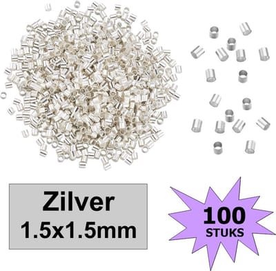 Fako Bijoux® - Knijpkralen - Knijp kralen -  Crimp Beads - Metaal - Tube - 1.5x1.5mm - 100 Stuks - Zilverkleurig