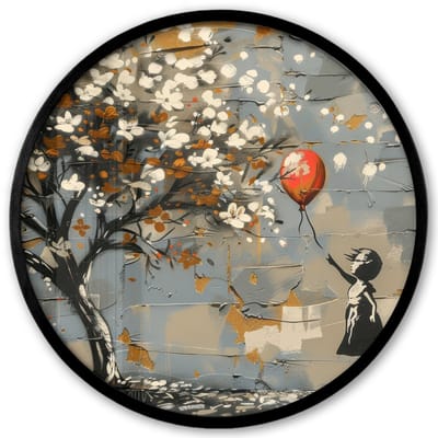 Poster in lijst Rond - Fotolijst 40x40 cm - Posters - Boom - Graffiti - Banksy Style - Balloon Girl - Ronde posterlijst zwart - Decoratie - Wanddecoratie woonkamer - Muurdecoratie slaapkamer