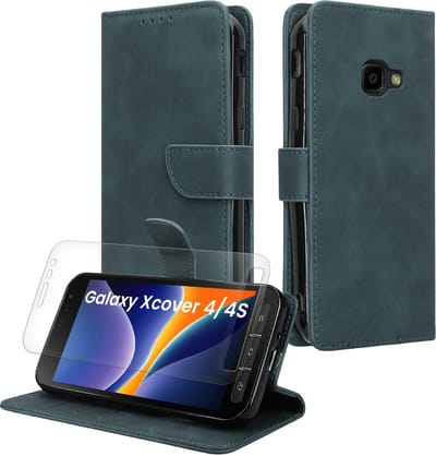 kwmobile telefoonhoesje geschikt voor Samsung Galaxy Xcover 4 / 4S hoesje - Smartphone case met pasjeshouder - RFID-blokkering en screenprotector - In petrol