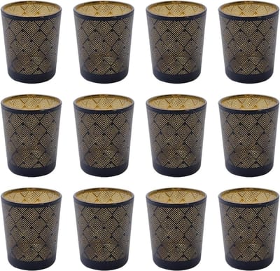 Set van 12 Zwarte en Gouden Glazen Theelichthouders met Diamant Patroon