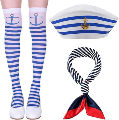 Maritiem Kostuum Set met Matrozenhoed, Blauwwitte Gestreepte Kousen en Zijden Sjaal, Perfect voor Verkleedpartijen en Nautische Themafeesten