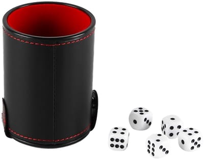 Dailygoods- Dobbelbeker Professioneel - PU Leer - 5 Dobbelstenen - Geluidsarm - Dubbele Bodem - Rood Vilt Binnenkant - Dobbelset