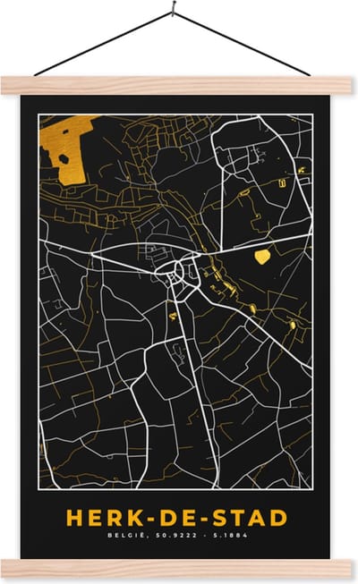 Posterhanger incl. Poster 40x60 cm - Schoolplaat - Herk-de-Stad - Plattegrond - Kaart - Goud - Stadskaart - Textielposter - Blanke latten - Stadskaart