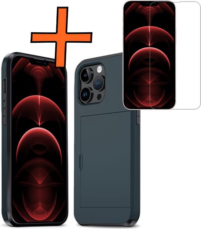 Hoesje Geschikt voor iPhone 14 Pro Hoesje Pasjeshouder Shockproof Hard Case Met Screenprotector - Hoesje Geschikt voor iPhone 14 Pro Hoes Met Kaarthouder - Donkerblauw