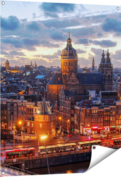 Gards Tuinposter Amsterdam Centrum Luchtfoto Zonsondergang - 80x100 cm - Tuindoek - Tuindecoratie - Wanddecoratie buiten - Tuinschilderij
