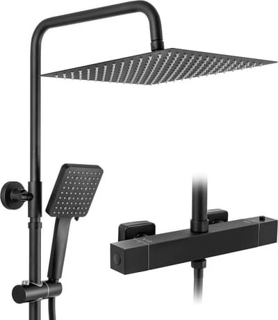 DERW Max Regendouche met Thermostaatkraan - Ø 30 cm Douchesysteem - Handdouche Met 6 standen - Waterbesparend - zwart - Thermostatische Mengkraan
