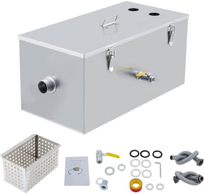 Hoogwaardige roestvrijstalen vetafscheider voor restaurants – 11,3 kg, 50 liter per minuut, drietrapsfiltratie – vetafscheider voor onder de spoelbak – 2 inlaten – zij-inlaat – 60 × 30 × 29 cm – zilverkleurig