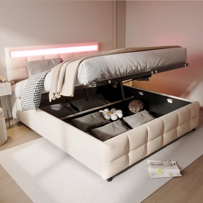 Gestoffeerd bed 180x200 cm - LED-verlichting - tweepersoonsbed - hoofdeinde met hoogteverstelling - beige - zonder matras