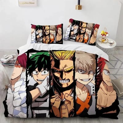 Ensemble de lit imprimé personnages d'anime 3D My Hero Academy Housse de couette Taie d'oreiller Ensemble de literie Drap en lin Housse de couette Taille complète Queen 70x133cm 2pcs