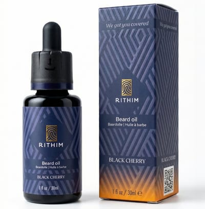 Rithim® Baardolie Black Cherry 30 ml – Baardverzorging | Verleidelijke Kersengeur | Gevoelige huid | Bevordert baardgroei met o.a. zwarte komijn & kersenpitolie