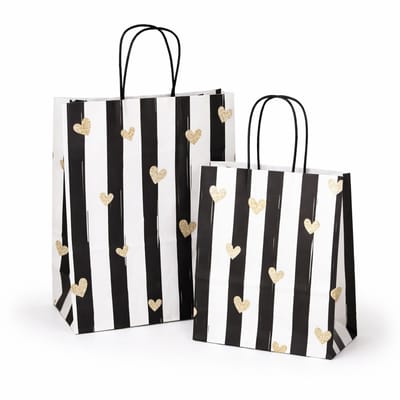 50x Papieren draagtassen wit & zwart met hartjes – 2 formaten 18x8x22 cm & 22x10x28 cm – Kraft cadeautasjes papier met handvat