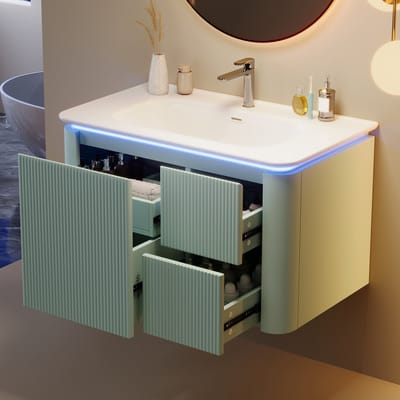 MODFU Wandhangende Wastafelonderkast - Verticale 3D-Structuur - Led-Verlichting Met Bewegingssensor - Modern - Groen - 80,5 X 47,5 X 51 Cm