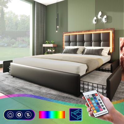 Led-bedframe met verlichting en 4 lades - 140x200 cm - Verstelbaar hoofdeinde - Zwart PU (zonder matras)