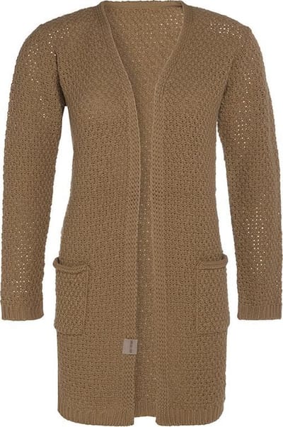 Knit Factory Luna Gebreid Vest New Camel - Gebreide dames cardigan - Middellang vest reikend tot boven de knie - Bruin damesvest gemaakt uit 30% wol en 70% acryl - 36/38 - Met steekzakken