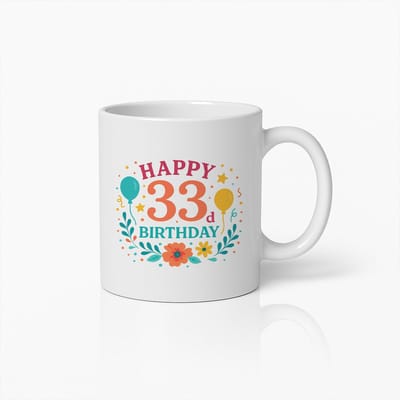 Gelukkige 33ste Verjaardag Beker 330ml – Kleurrijk Bloemen- en Ballonontwerp – Perfect Cadeau voor 33 Jarigen