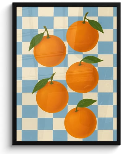 Poster in lijst - Fotolijst 50x70 cm - Posters - Sinaasappels - Blaadjes - Geblokt - Blauw - Posterlijst zwart - Decoratie - Wanddecoratie woonkamer - Muurdecoratie slaapkamer