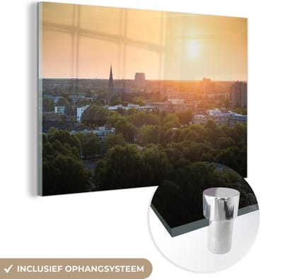® Glasschilderij 180x120 cm - Schilderij acrylglas - Stad - Eindhoven - Zonsondergang - Foto op glas - Muurdecoratie woonkamer - Wanddecoratie slaapkamer - Schilderijen