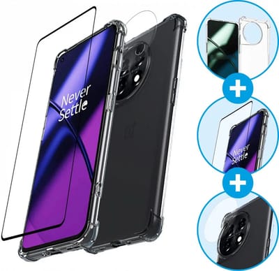 OnePlus 11 Hoesje Schokbestendig Transparant + 9H Tempered Glass Screen Protector + Camera Protector Clear