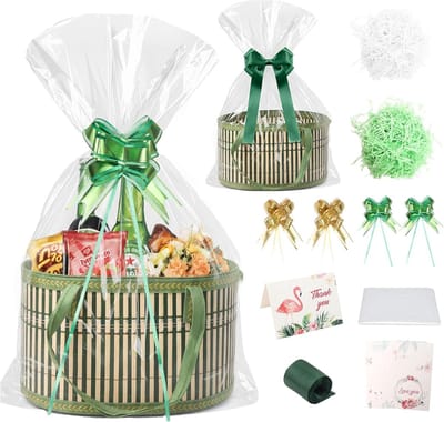 leeg, 2 stuks, 30 × 20 × 20 cm, opvouwbare geschenkmand, leeg, van bamboe en hout, mand voor geschenken met transparante verpakkingszakken, linten voor geschenken, bruiloft, Kerstmis
