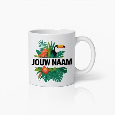 Gepersonaliseerde Tropische Mok met Naam – Aangepaste Jungle Koffiebeker met Toekan en Bloemen – Uniek Cadeau Idee