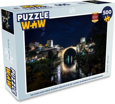 Puzzel De Stari Most brug is mooi verlicht in de avond in Bosnië en Herzegovina - Legpuzzel - Puzzel 500 stukjes