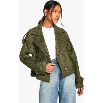 boohoo Dames Textured Wool Look Double Breast Jacket | Khaki | Maat: 8