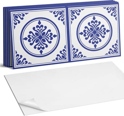 Coloray Plaktegels - Patroon met cirkels en bloemen Wandtegel Zelfklevend - 60 cm x 30 cm - Blauw Plaktegels - 6 stuks - Rechthoek PVC Tegels - Plaktegels Keuken - Zelfklevende Vloertegels Badkamer - Vinyl Tegels Zelfklevend - Zelfklevende Wandtegels