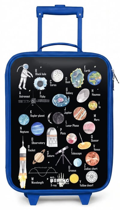 NoBoringSuitcases.com® - Kinderkoffer blauw - Kindertrolley jongen - Alfabet in ruimte thema - Koffer kind lichtgewicht - Reiskoffer trolley voor kinderen - Koffertje met lichtgevende wieltjes - Rolkoffer
