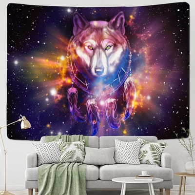 Tapisserie murale suspendue avec loup au clair de lune, peinture à l'huile, sorcellerie, Animal psychédélique, Tapiz Hippie, décoration de chambre à coucher, maison 95x70cm