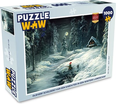 Puzzel Olieverf schilderij van een kabouter in een winters landschap - Legpuzzel - Puzzel 1000 stukjes volwassenen