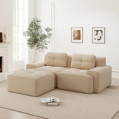 Wishdor - Modulaire Hoekbank - Diepe Zit En Zonder Montage - Modern Design Voor Woonkamer - Zachte Ribstof - Beige - Met Ottoman En Brede Armleuningen