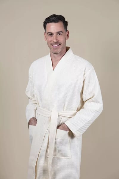 Sauna Wafel Badjas Heren – Cozylion – 100% Duurzaam Katoen – Oeko-Tex – Wit / Offwhite – Kimono Stijl – Wafel Badjassen Mannen – Sauna & Wellness Ochtendjas voor Man